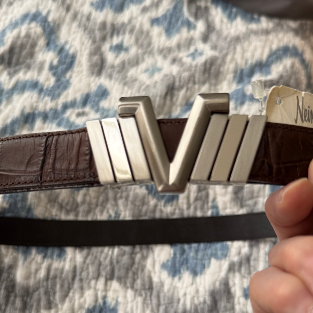 Vintage Versace Dark Brown Alligator Leather Belt with Silver V Buckle